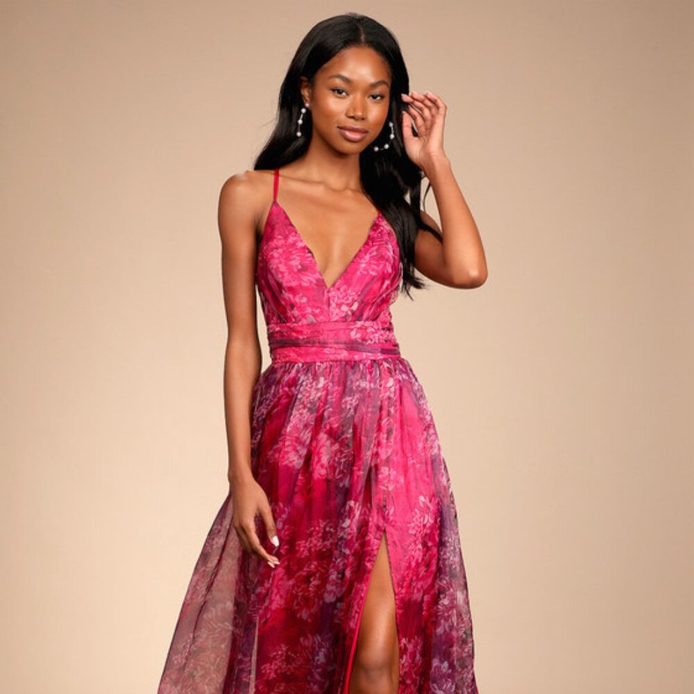 Lulu's Fuchsia Floral V-Neck Maxi Dress